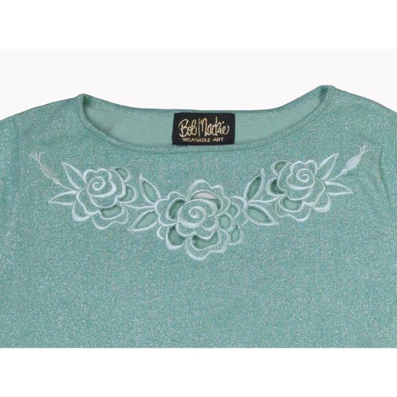 Vtg Bob Mackie QVC Womens Small 3/4 Sleeve Floral Cutout Mint Green Top - Picture 2 of 8
